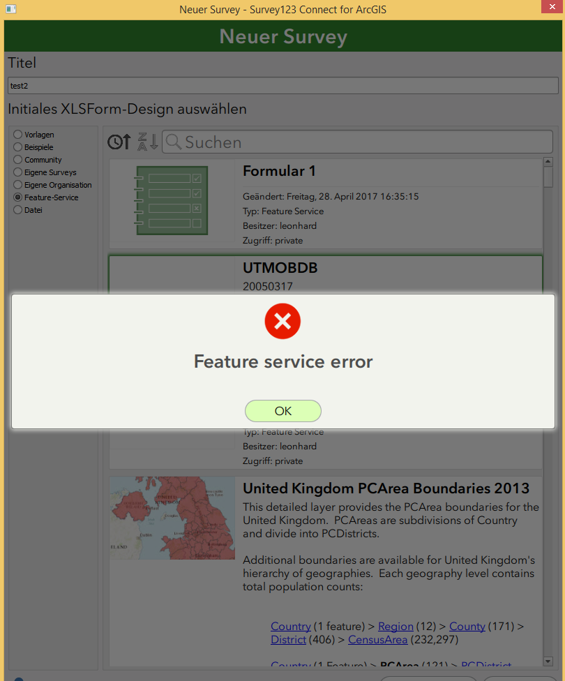 Error occurs when I try to use one of my feature services to create a survey